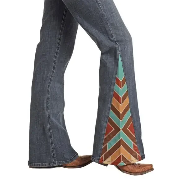 Rock & Roll Denim Cowgirl Leather Patch Trouser Jeans Size 32 Western Country - Picture 3 of 9